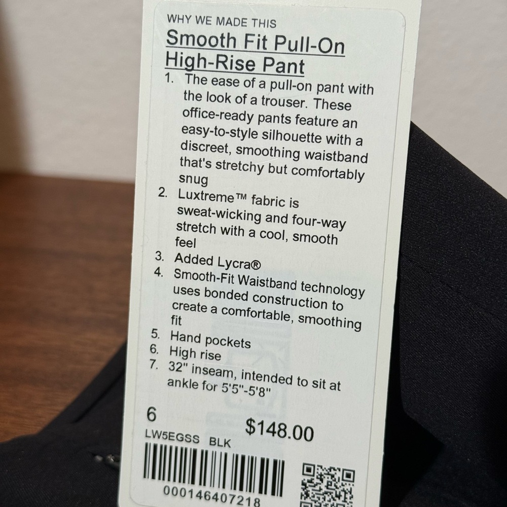 Lululemon Athletica Smooth Fit Pull-On Black High-Rise Pants 6